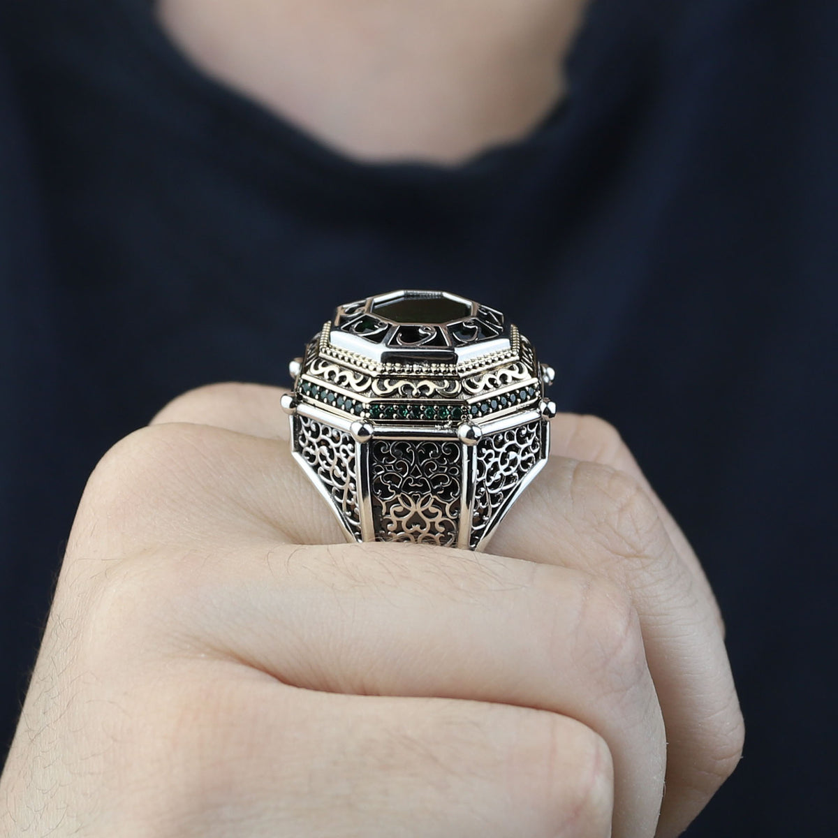 Men Islamic Vintage Emerald Stone Ring, Round Engraved Green Stone Ring, Turkish Handmade Ring, Ottoman Style Ring, 925k Silver Ring