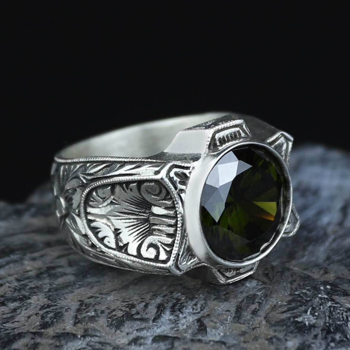 925 Sterling Silver Peridot Ring for Men – Vintage Ottoman Signet Style