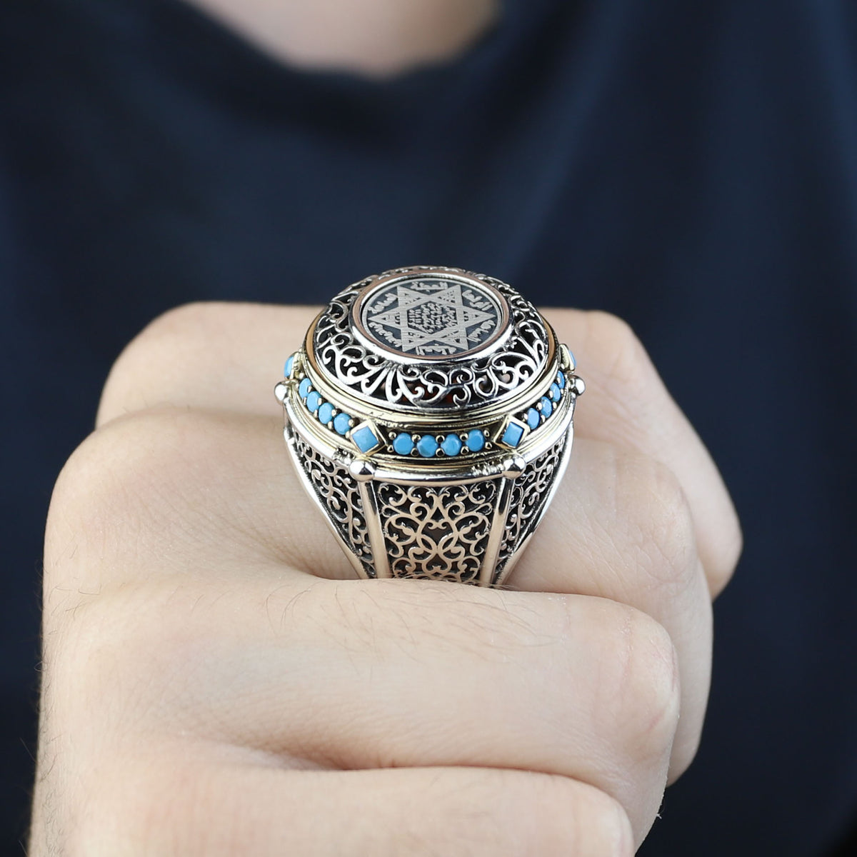925 Silver Seal of Solomon Ring, Turquoise Stone King Solomon Signet Ring, Handmade Protection Ring, 925 Sterling Silver Ring