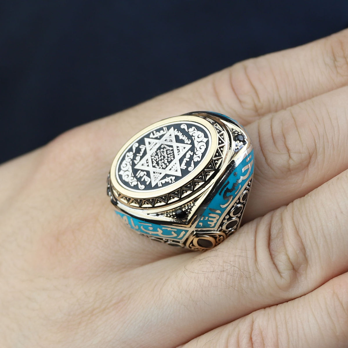 925 Sterling Silver Handmade Solomon Signet Ring, Turquoise Stone King Solomon Signet Ring, Gift For Men
