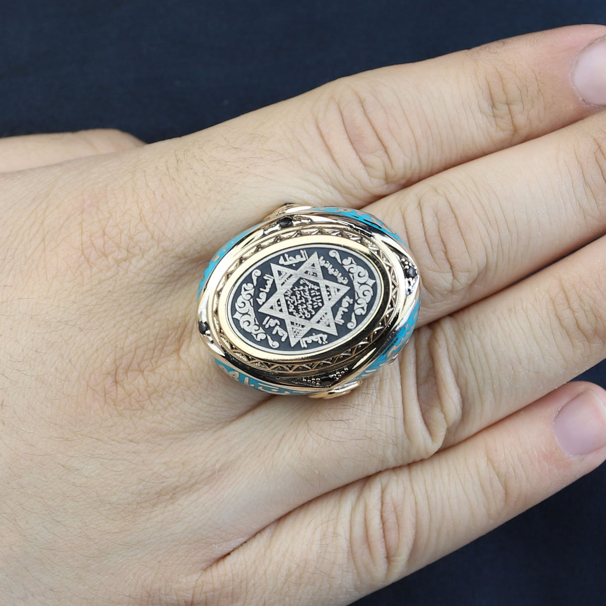 925 Sterling Silver Handmade Solomon Signet Ring, Turquoise Stone King Solomon Signet Ring, Gift For Men