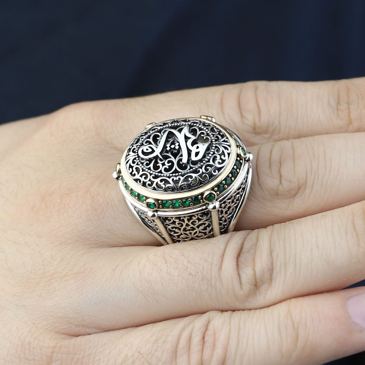 925 Sterling Silver Emerald Stone Islamic Ring, Ottoman Style Handmade Arabic Ring, Gift For Men