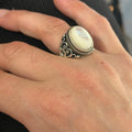 Mother Of Pearl Signet Ring, Men Engraved Oval Pearl Mens Ring, Silver Classic Mother Of Ring, Ottoman Style Men Ring