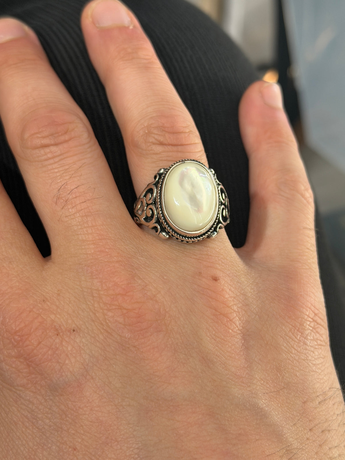 Mother Of Pearl Signet Ring, Men Engraved Oval Pearl Mens Ring, Silver Classic Mother Of Ring, Ottoman Style Men Ring
