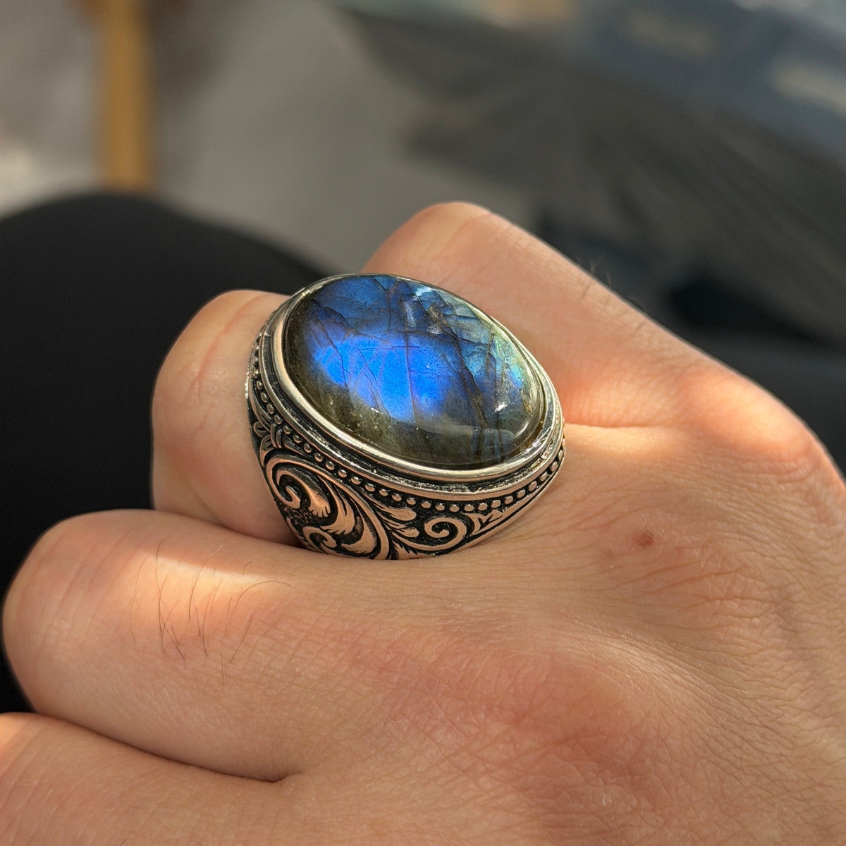Men Silver Engraved Blue Tiger Eye Men Ring, Large Silver Men Ring, Father Gift, Handmade Silver Ring