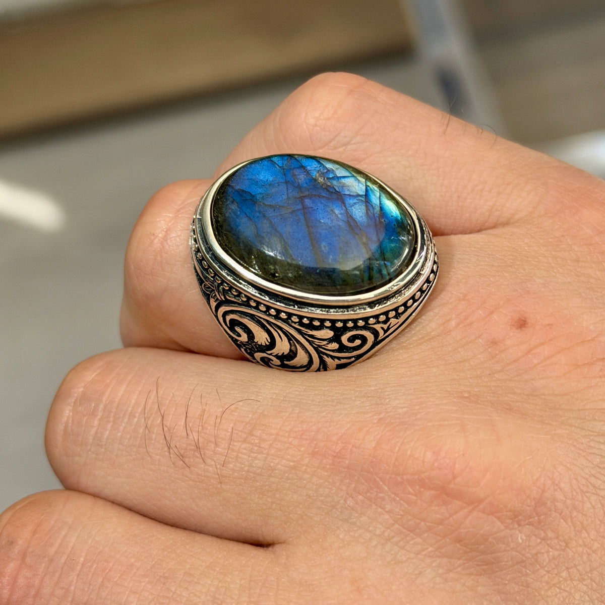 Men Silver Engraved Blue Tiger Eye Men Ring, Large Silver Men Ring, Father Gift, Handmade Silver Ring