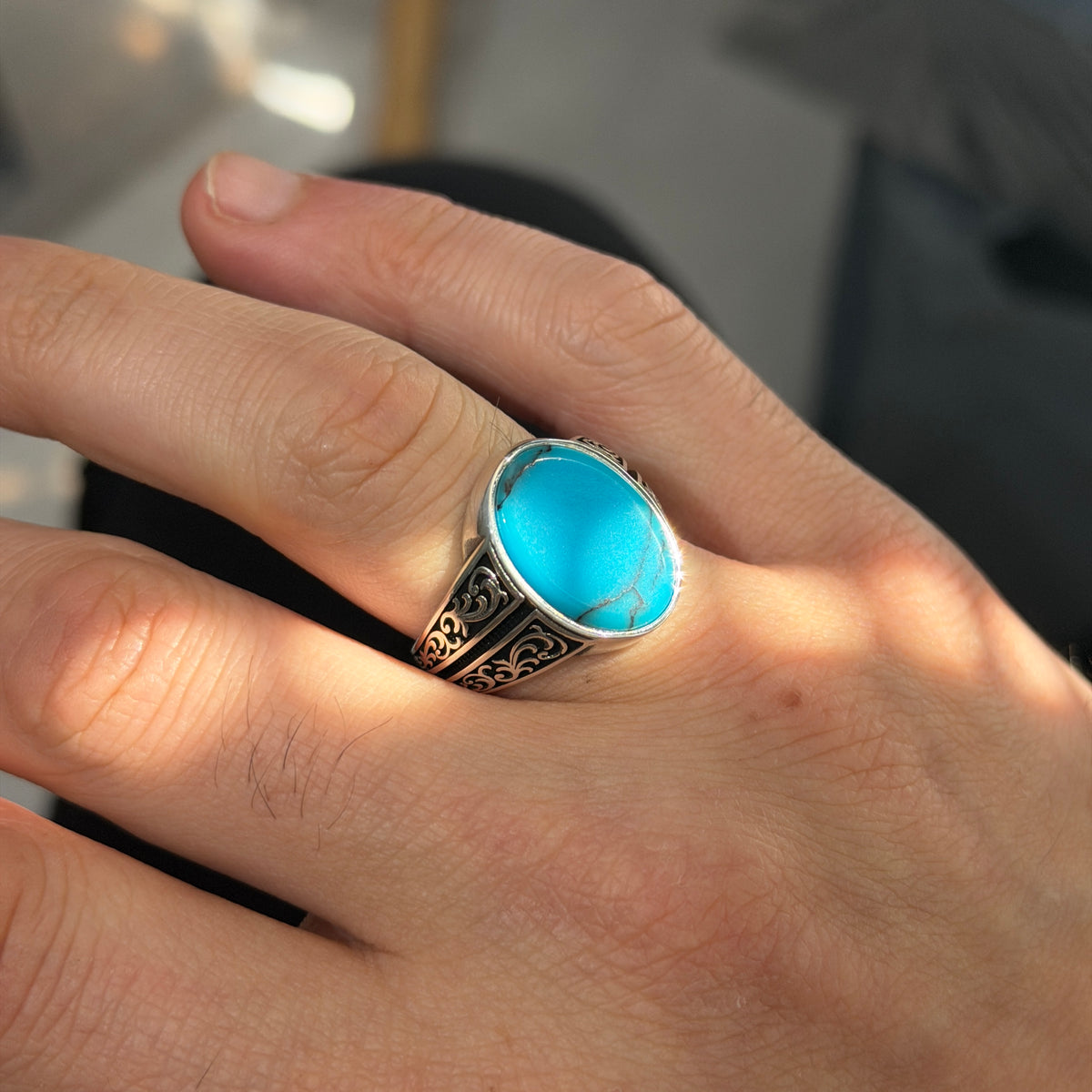 Men Silver Handmade Turquoise Ring, Oval Minimal Engraved Turquoise Ring, Turkish Handmade Ring, Natural Turquoise Ring