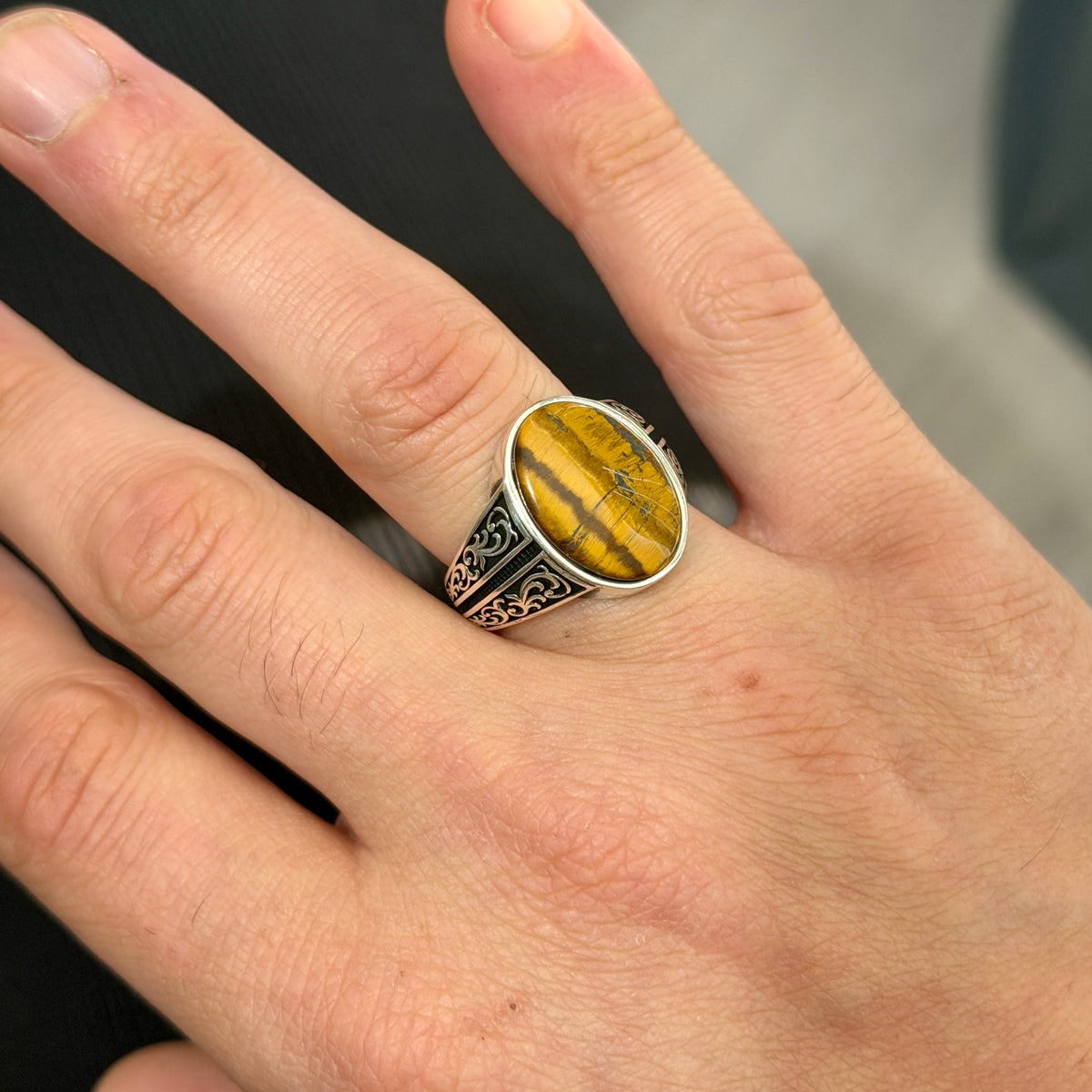Silver Tiger Eye Gemstone Ring, Man Minimal Tiger Eye Ring, Ottoman Style Silver Ring, Men Tiger Eye Jewelry