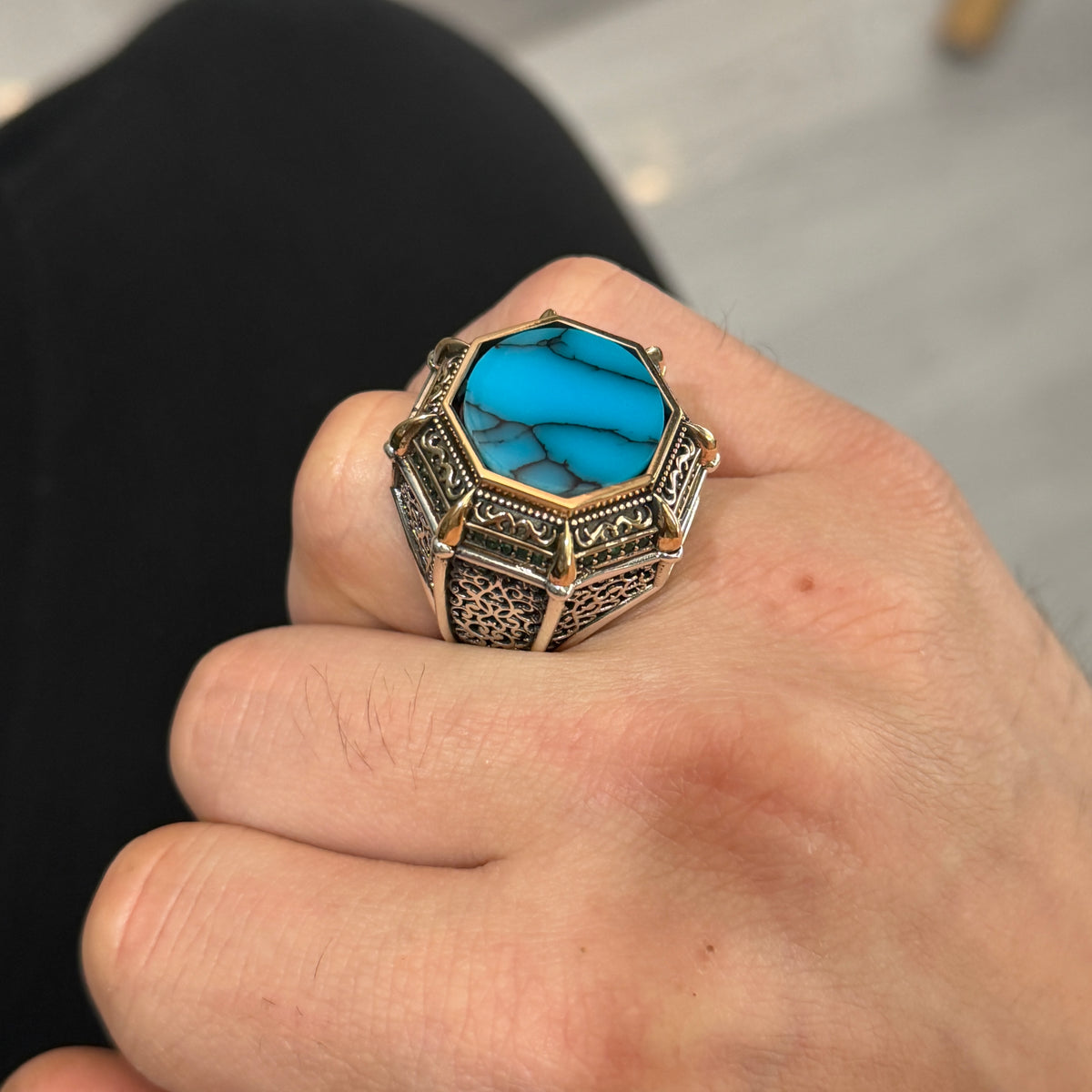 Turkish Handmade Turquoise Ring, Men Large Round Turquoise Ring, Ottoman Style Handmade Ring, Perfect Men Ring