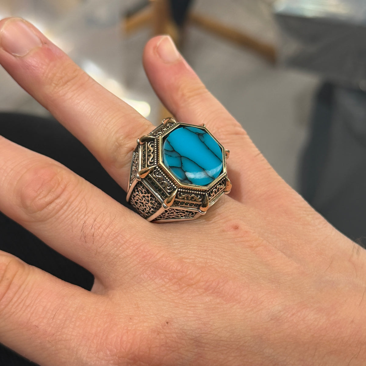 Turkish Handmade Turquoise Ring, Men Large Round Turquoise Ring, Ottoman Style Handmade Ring, Perfect Men Ring