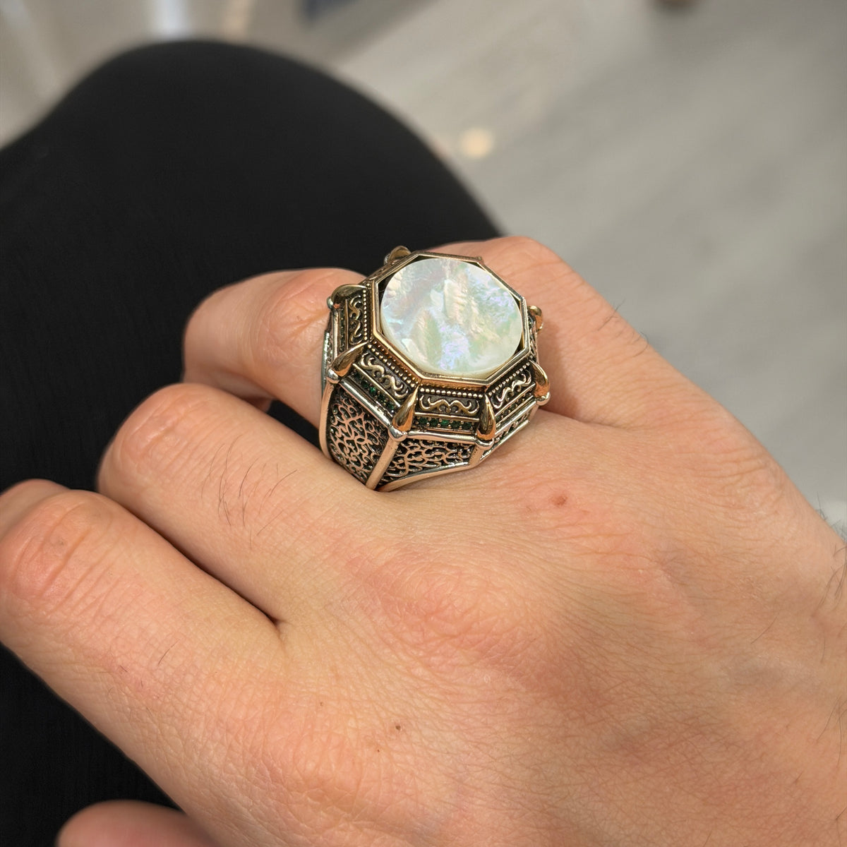 Silver Mother Of Pearl Signet Ring, Turkish Large Men Genuine Pearl Mens Ring, Silver Mother Of Pearl Ring