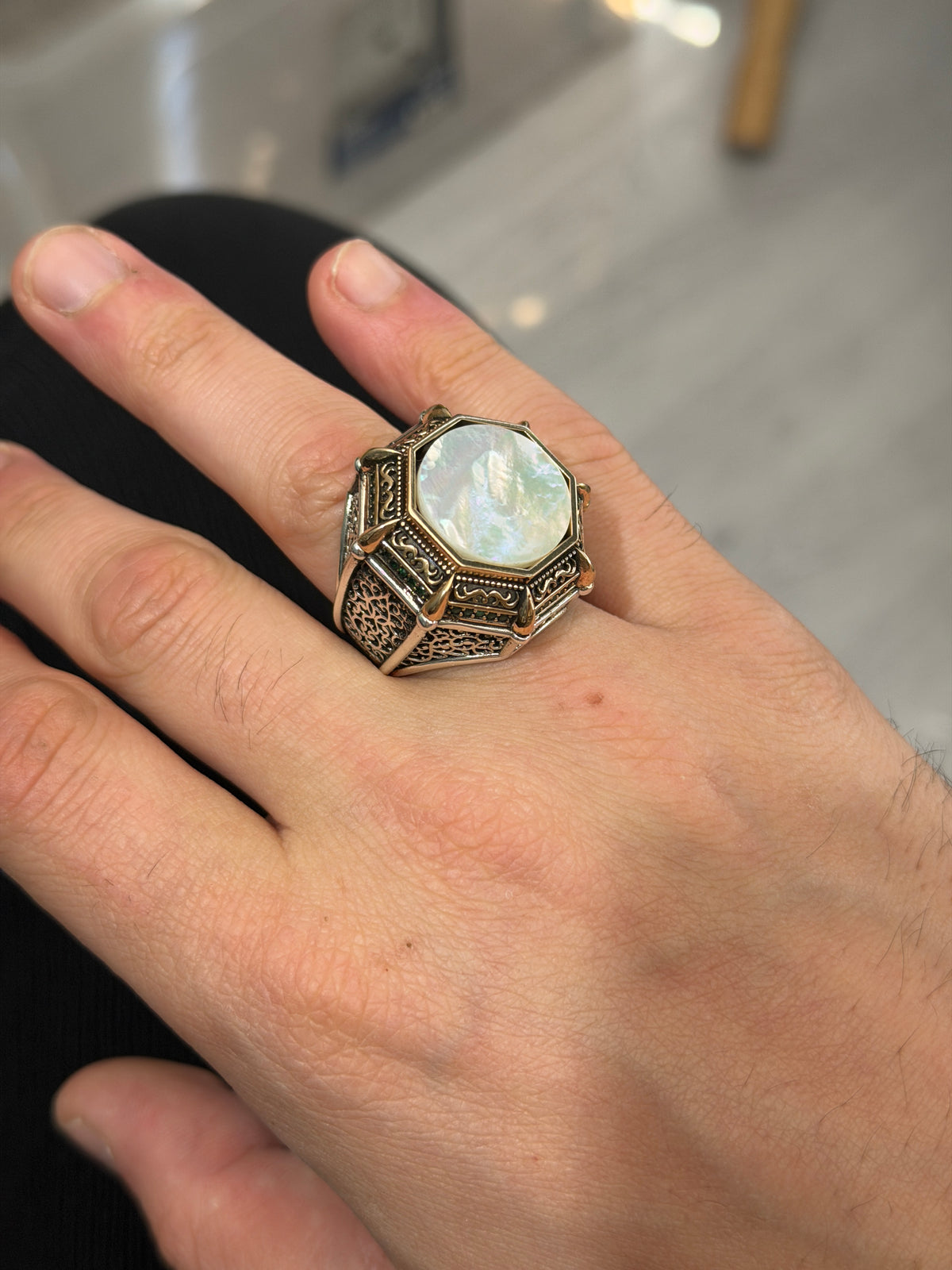 Silver Mother Of Pearl Signet Ring, Turkish Large Men Genuine Pearl Mens Ring, Silver Mother Of Pearl Ring