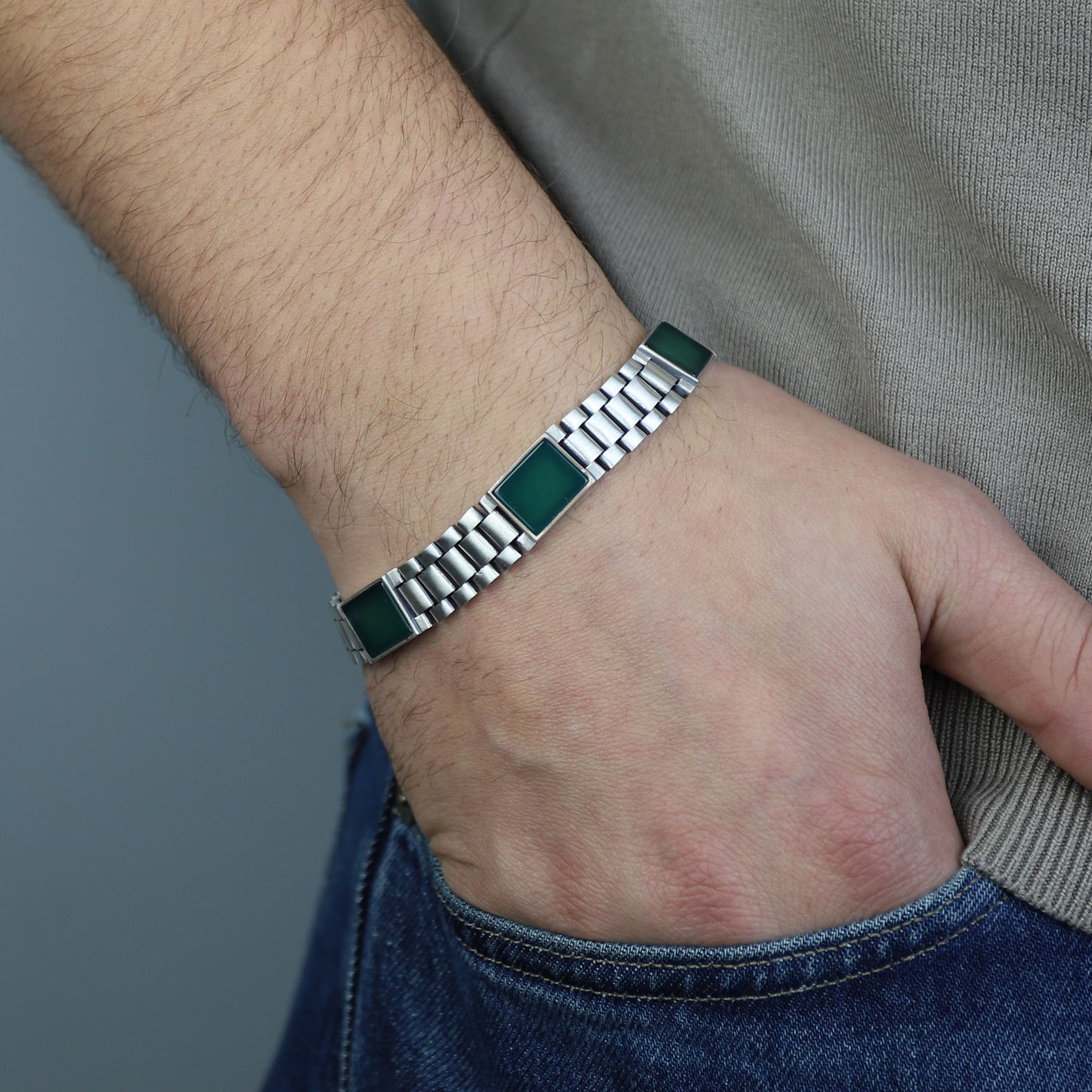 Silver Green Agate Gemstone Watch Band Bracelet