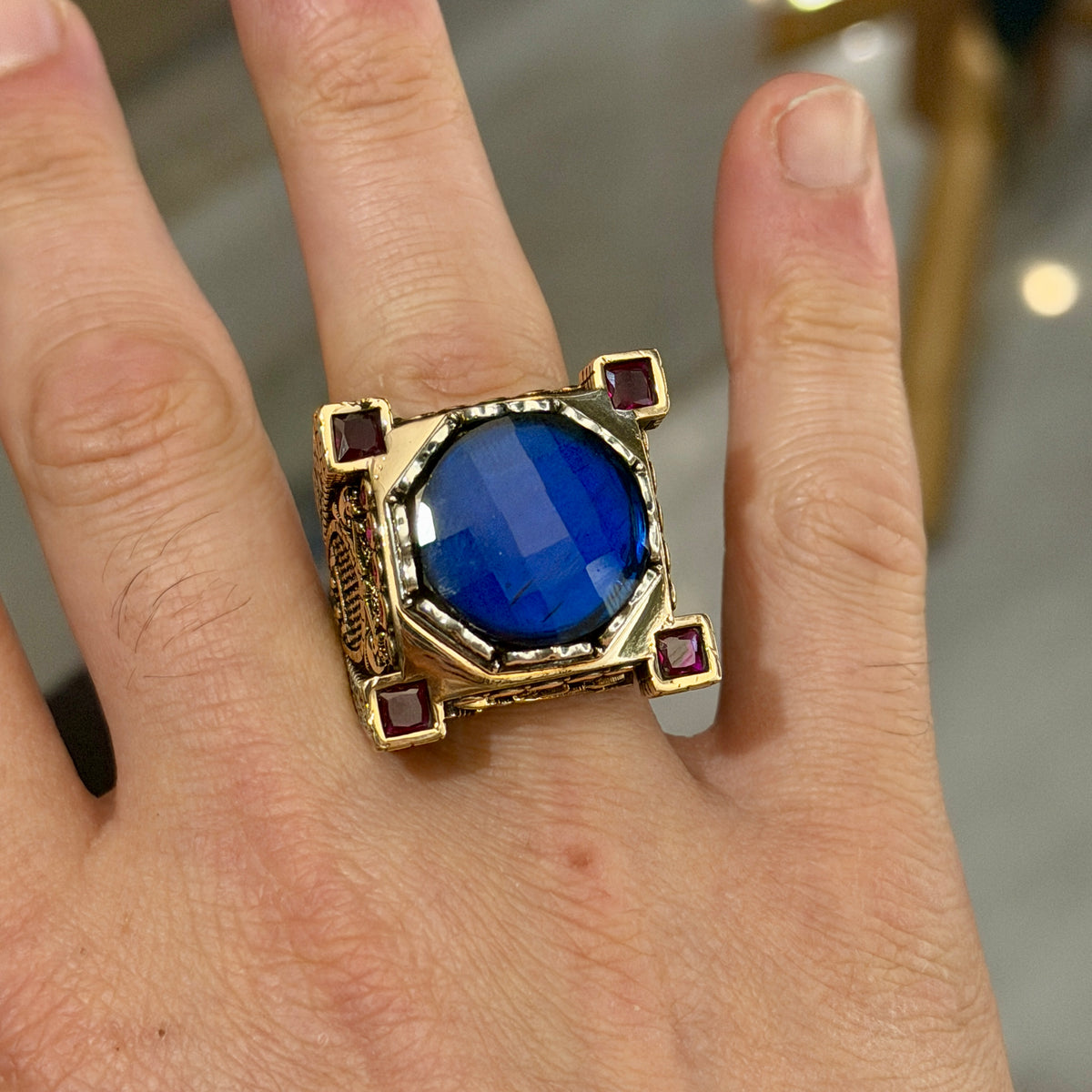 Men Blue Sapphire Stone Ring, Ottoman Style Sapphire and Ruby Ring, Axe Sword Men Ottoman Style Ring