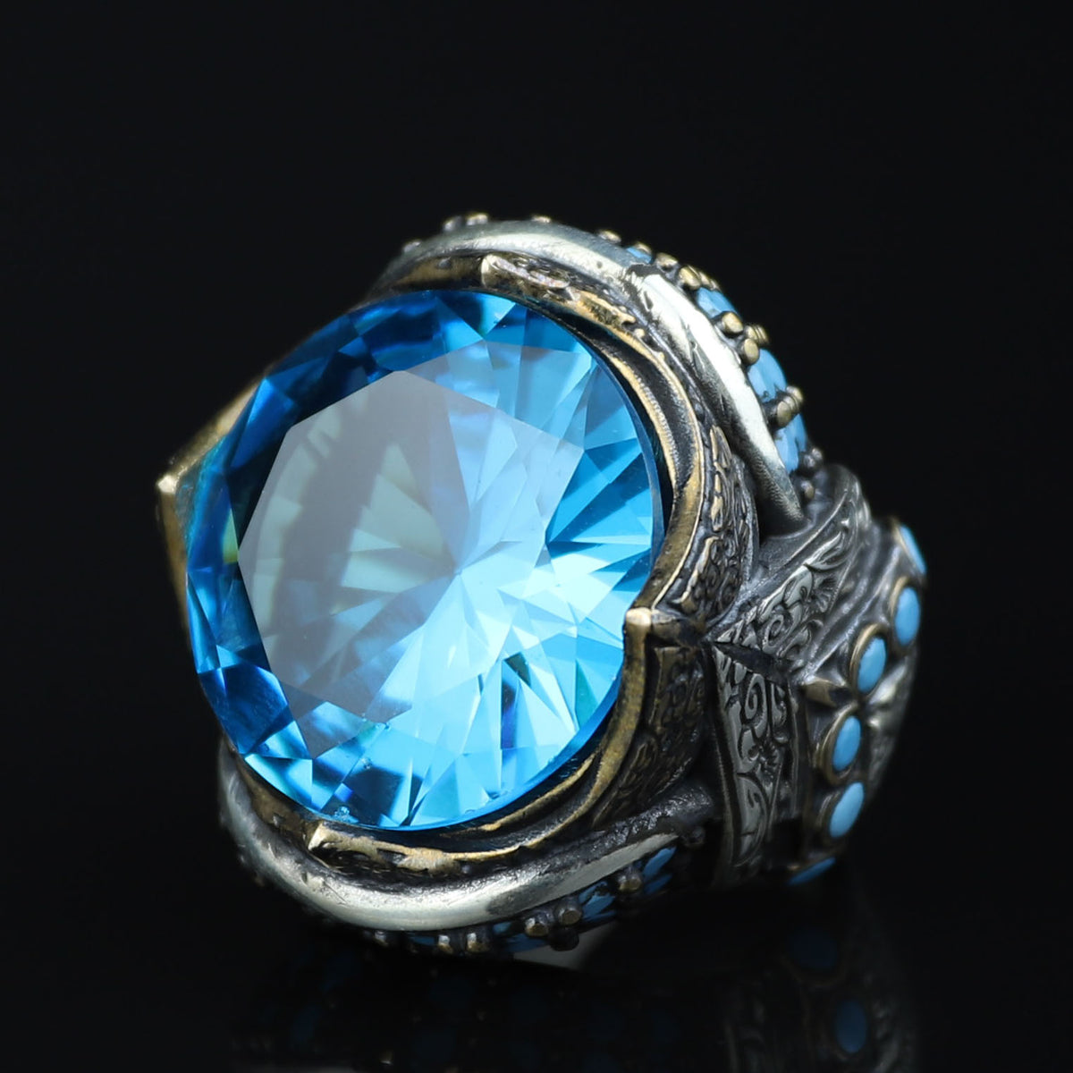 925 Sterling Silver Aquamarine Ring for Men – Vintage Ottoman Style