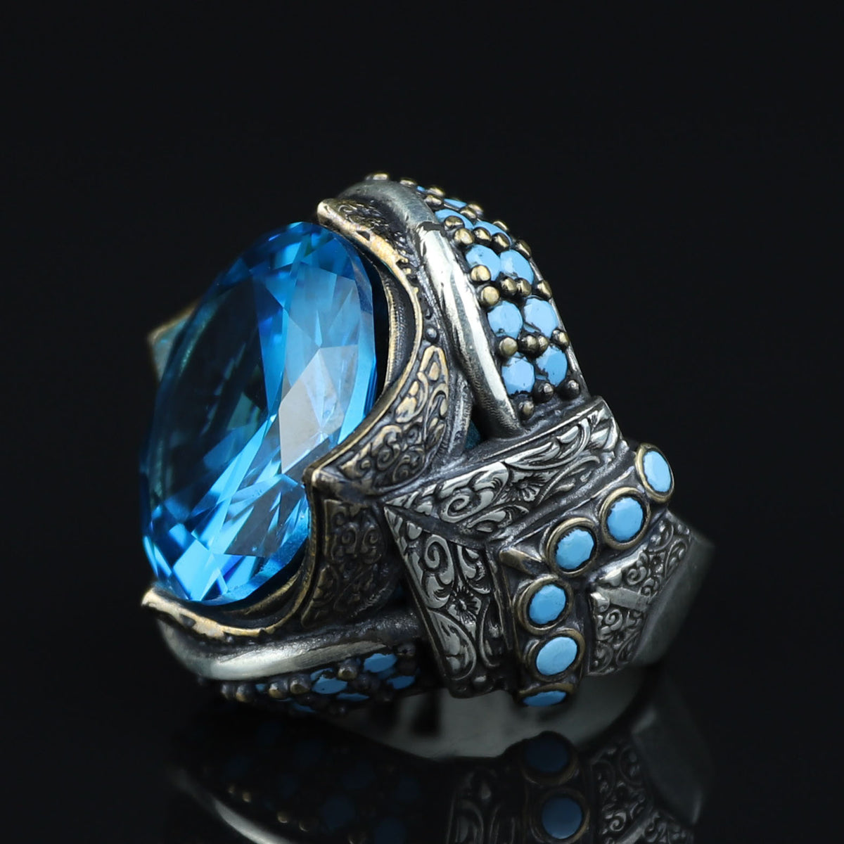 925 Sterling Silver Aquamarine Ring for Men – Vintage Ottoman Style