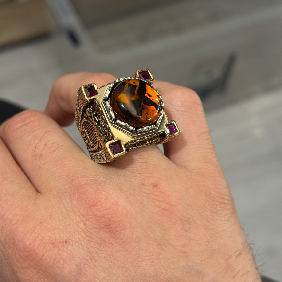 Turkish Handmade Agate Ring, Sword Figured 925 Silver Ring, Axe Figured Gemstone Ring,Genuine Agate Men Vintage Ring