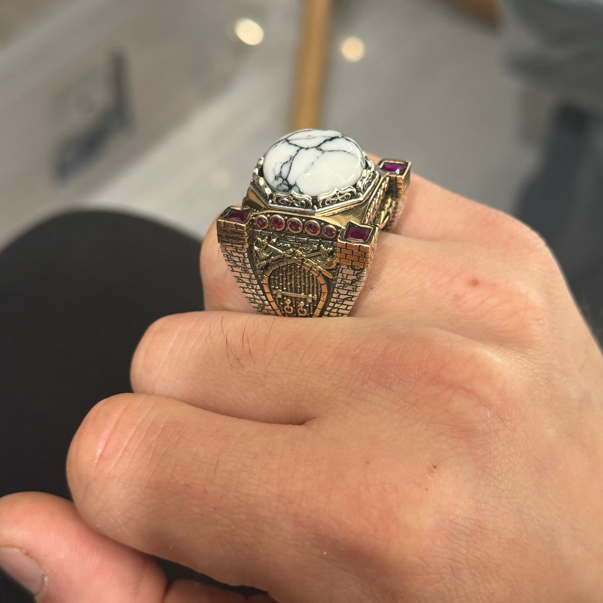 Mens Handmade White Turquoise Silver Ring, Axe Figured Ottoman Style Ruby Men Ring, Father Day Gift