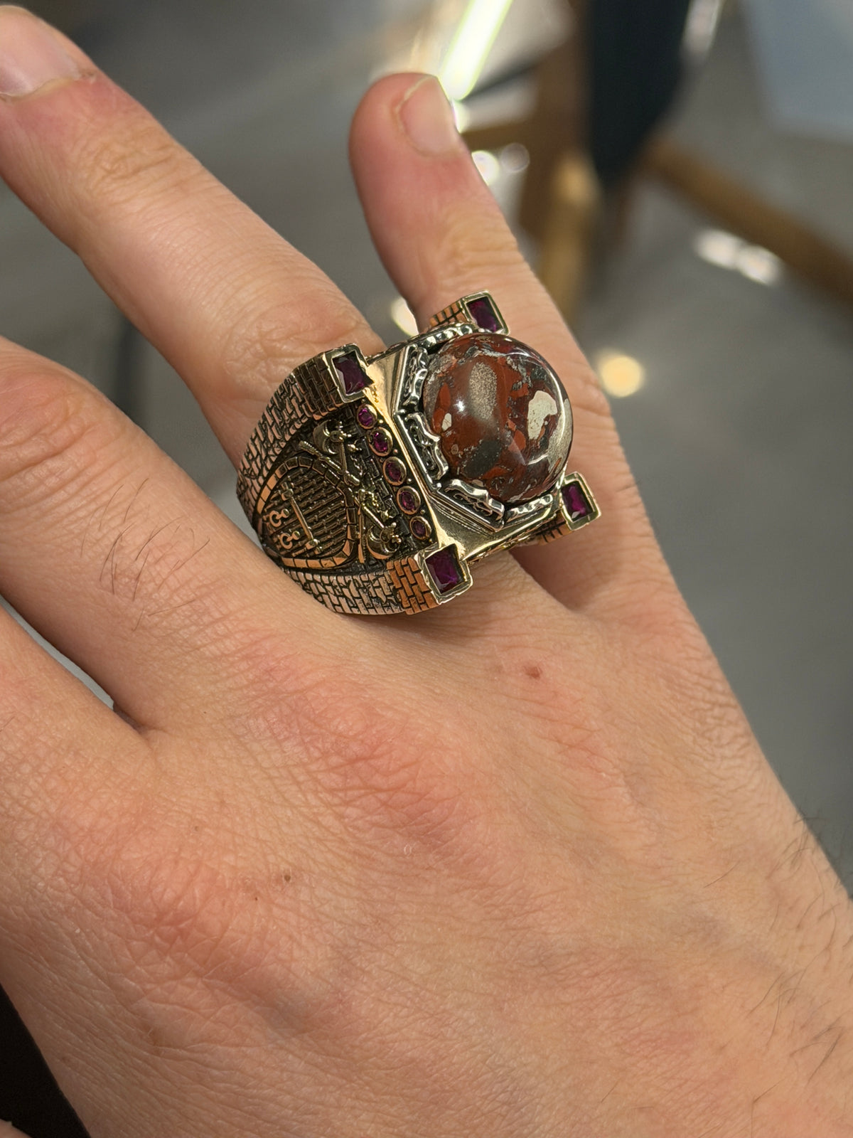 Handmade Turkish Men's Ring, Ottoman Style Axe Figured Red Agate Stone Ring, Sterling Silver Signet Ring