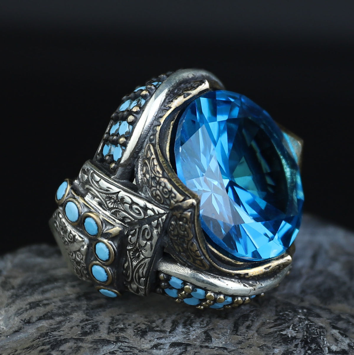 925 Sterling Silver Aquamarine Ring for Men – Vintage Ottoman Style