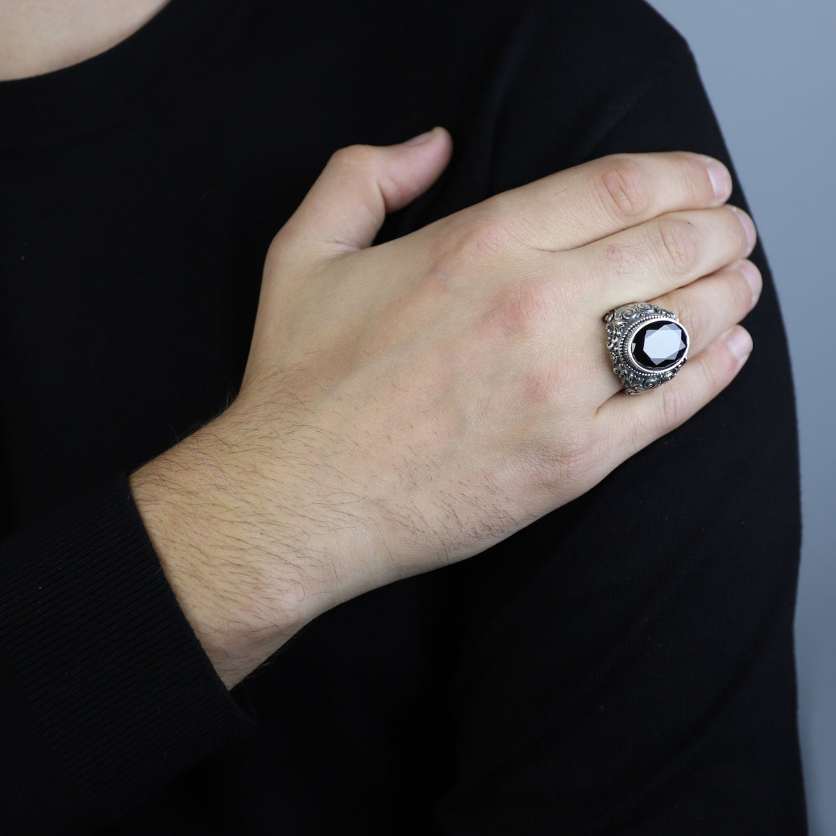 Men Silver Engraved Black Onyx Vintage Ring