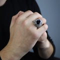Men Silver Engraved Black Onyx Vintage Ring