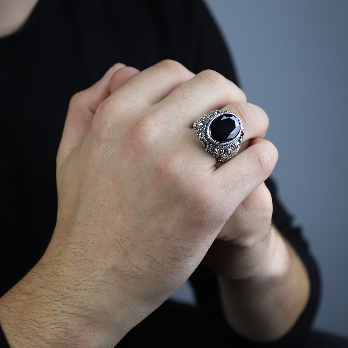 Men Silver Engraved Black Onyx Vintage Ring