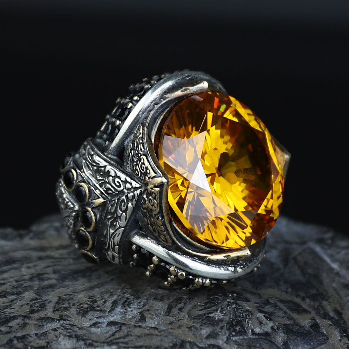 925 Sterling Silver Citrine Ring for Men – Vintage Turkish Style