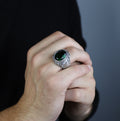 Men Silver Engraved Oval Emerald Gemstone Ring