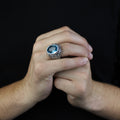 Men Silver Handmade Engraved Aquamarine Gemstone Ring