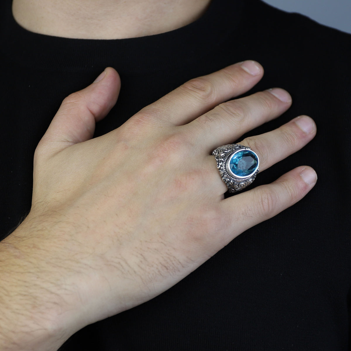 Men Silver Handmade Engraved Aquamarine Gemstone Ring