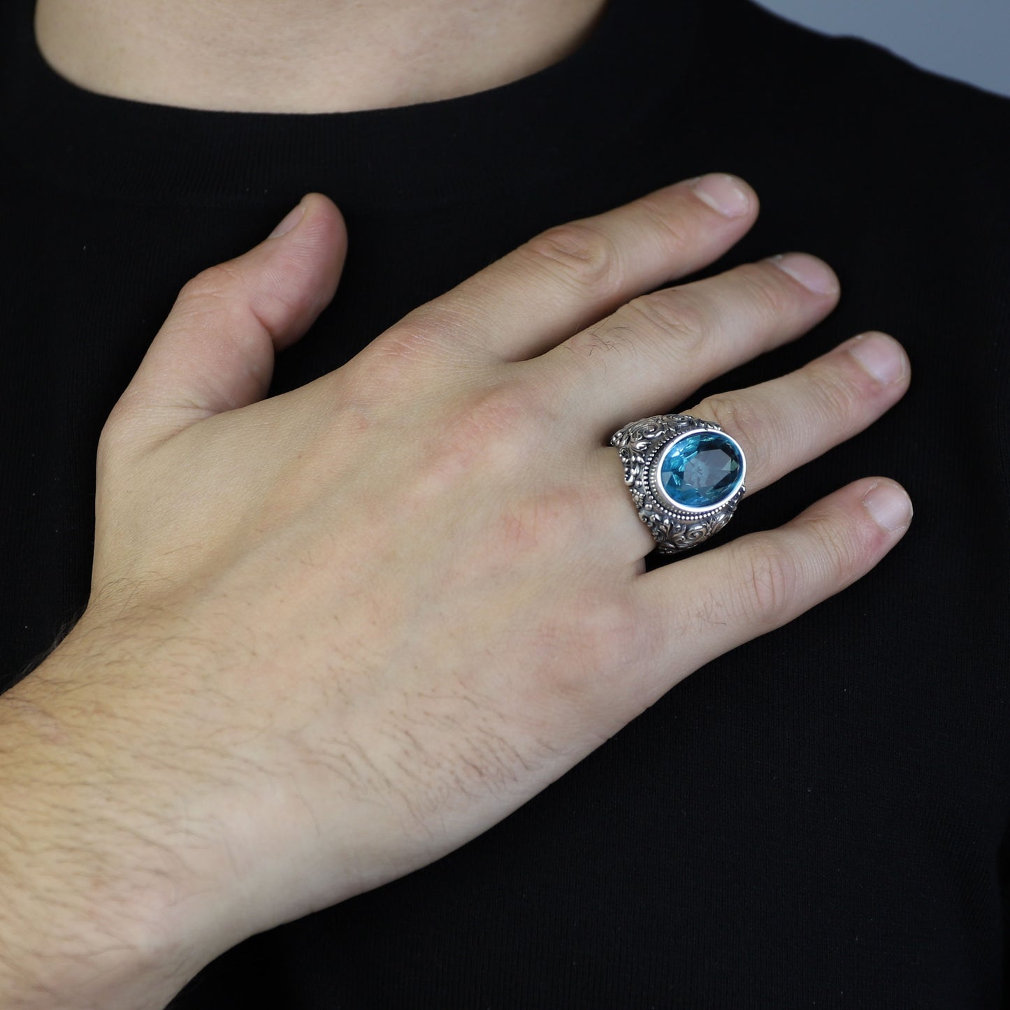 Men Silver Handmade Engraved Aquamarine Gemstone Ring