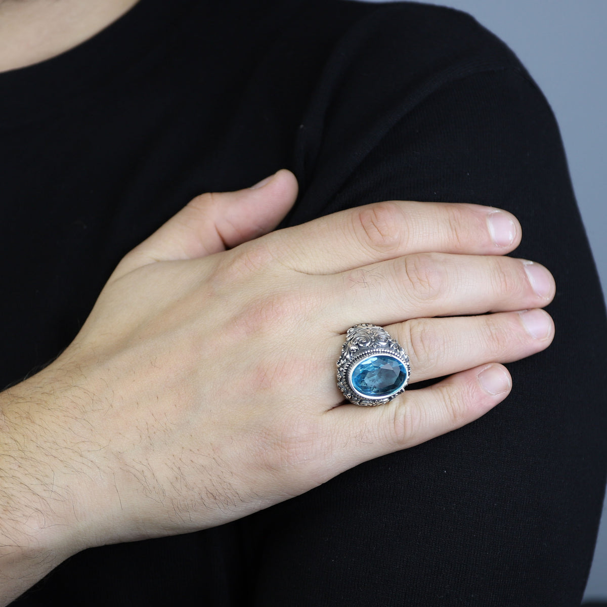 Men Silver Handmade Engraved Aquamarine Gemstone Ring