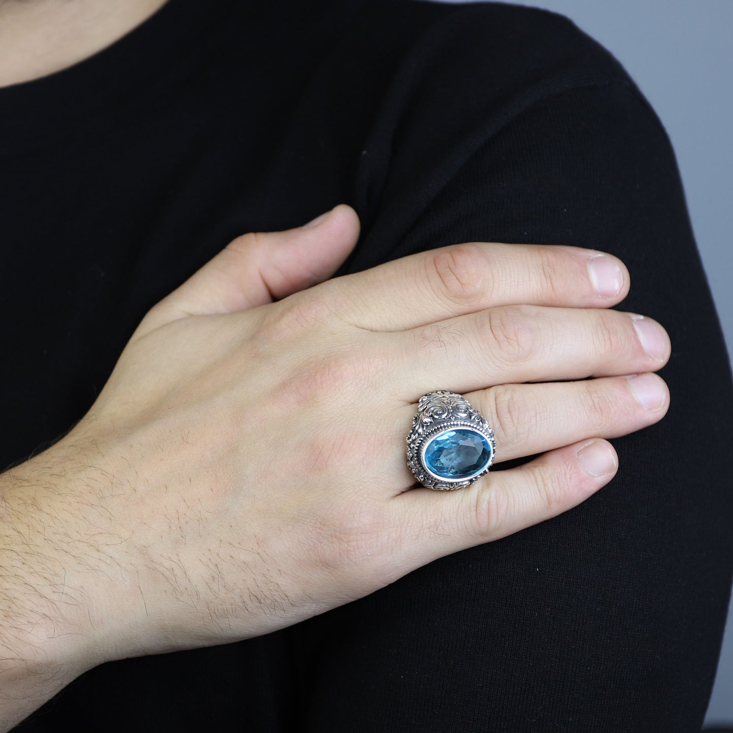 Men Silver Handmade Engraved Aquamarine Gemstone Ring