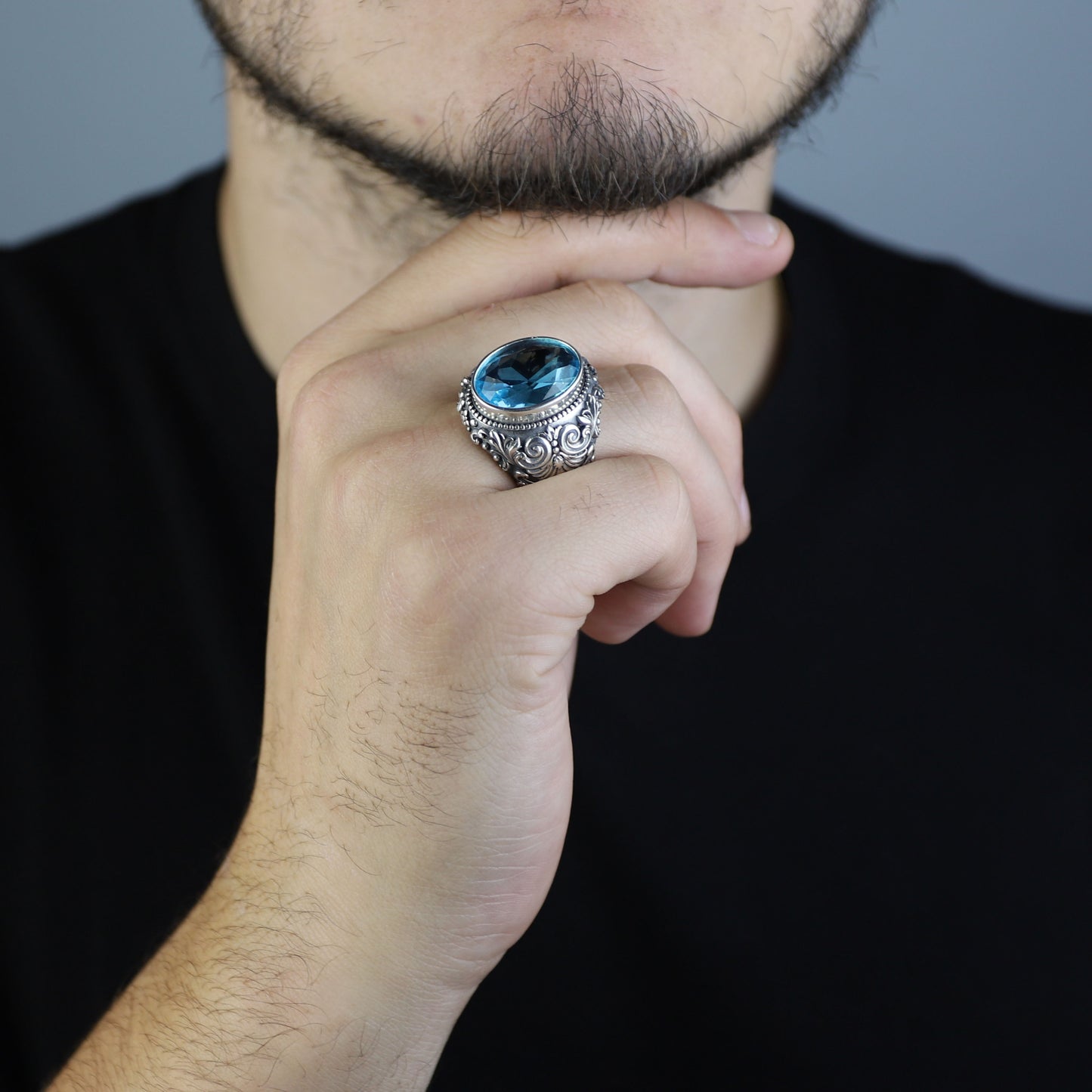 Men Silver Handmade Engraved Aquamarine Gemstone Ring