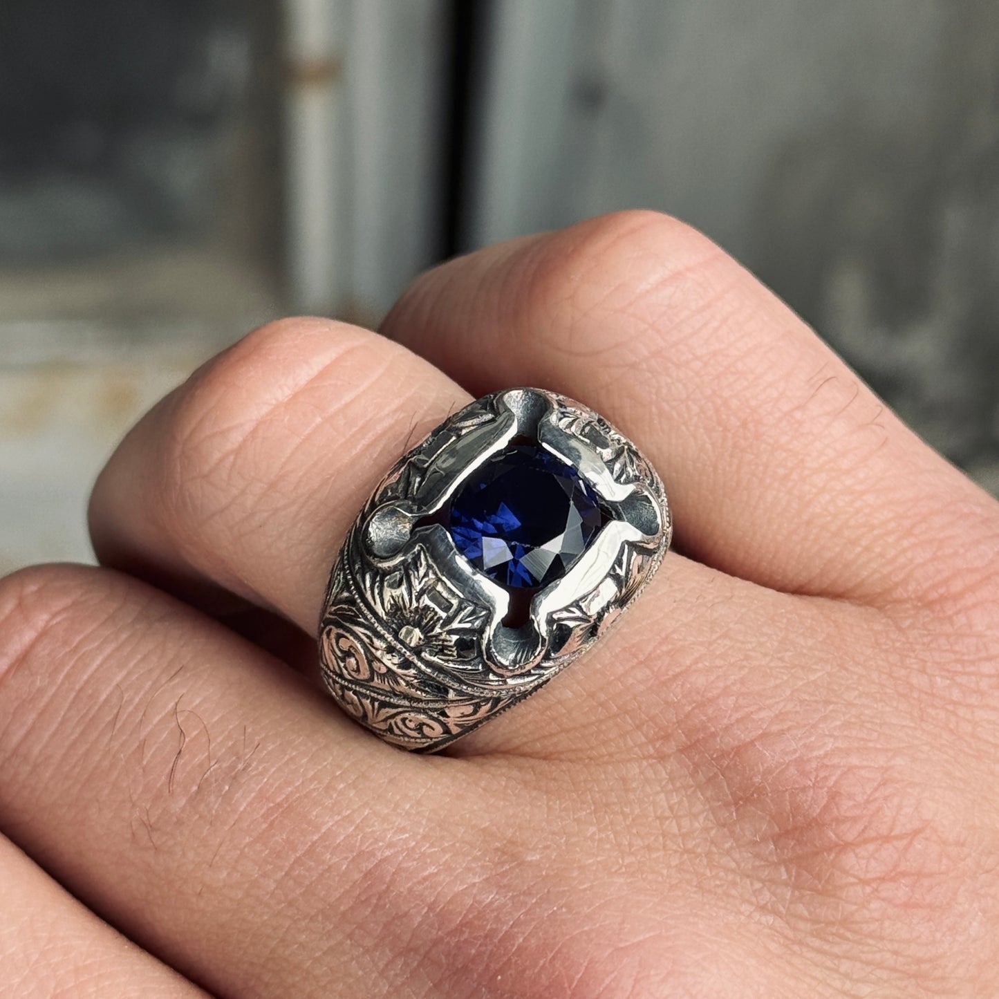 925k Silver Men Hand Engraved Blue Sapphire Gemstone Silver Ring