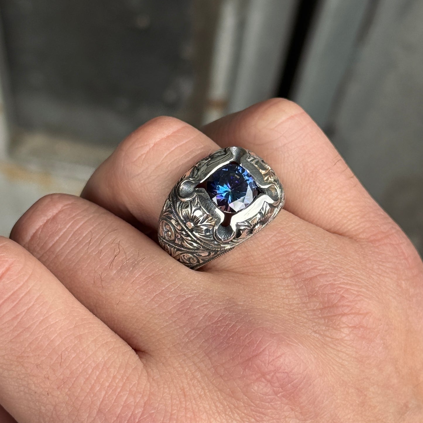 Men Silver Engraved Handmade Blue Sapphire Gemstone Ring