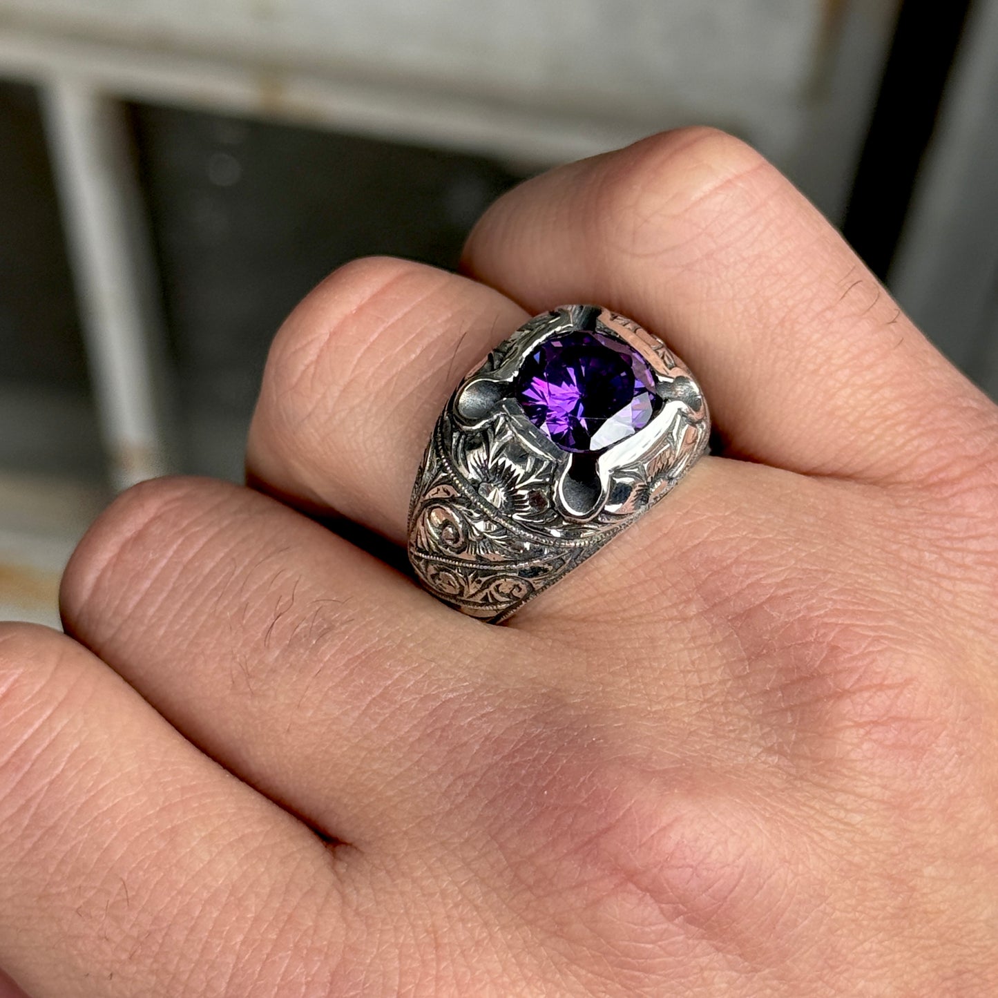 Men Engraved Amethyst Ring, Handmade Natural Silver Amethyst Stone Men Ring