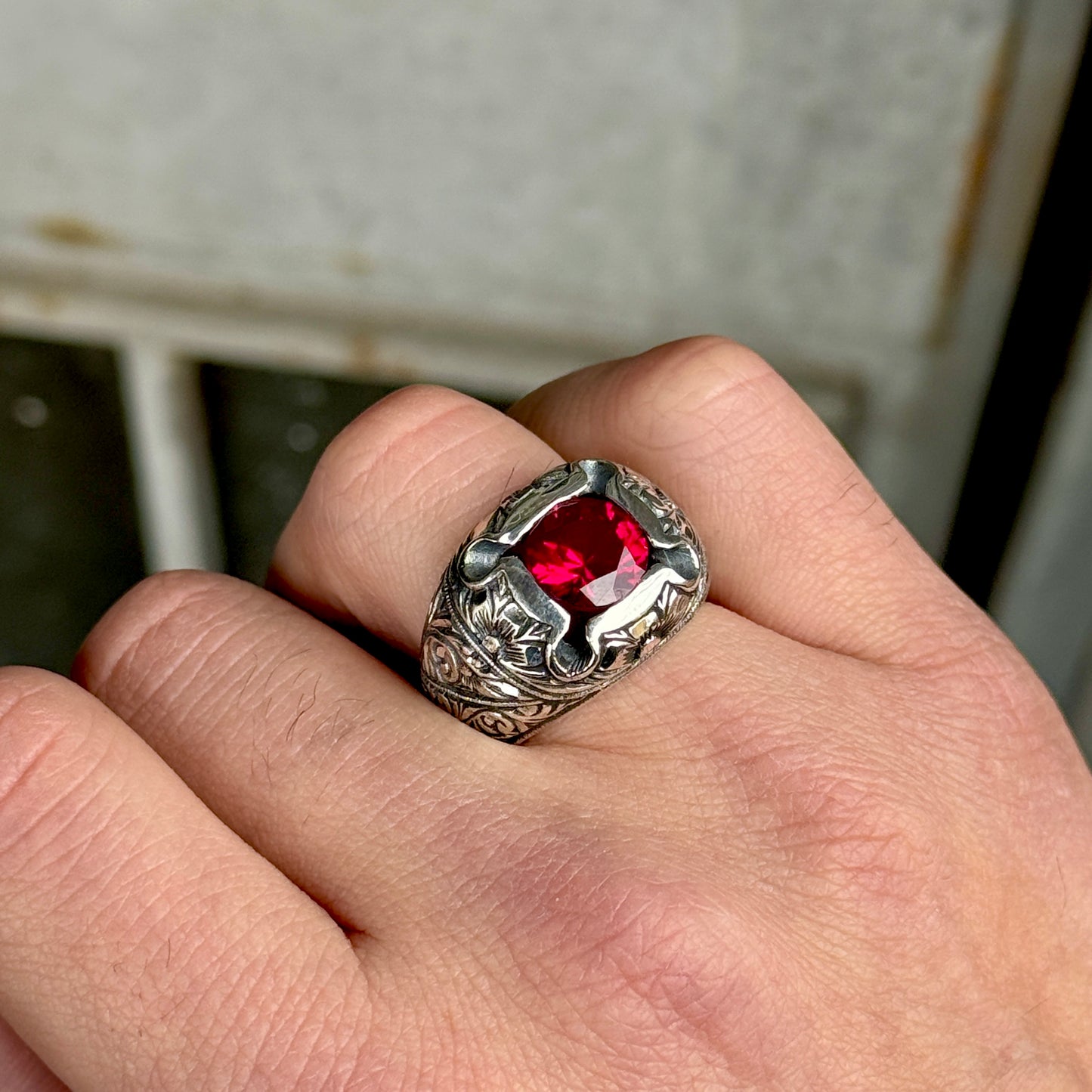 Men Silver Handmade Engraved Red Ruby Gemstone Ring