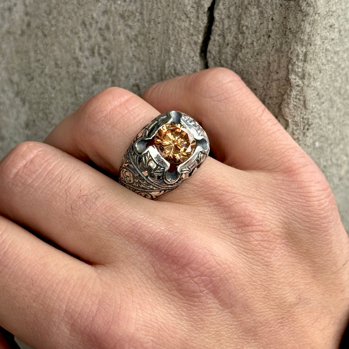 Men Engraved Citrine Gemstone Silver Ring Square Men Engraved Ring