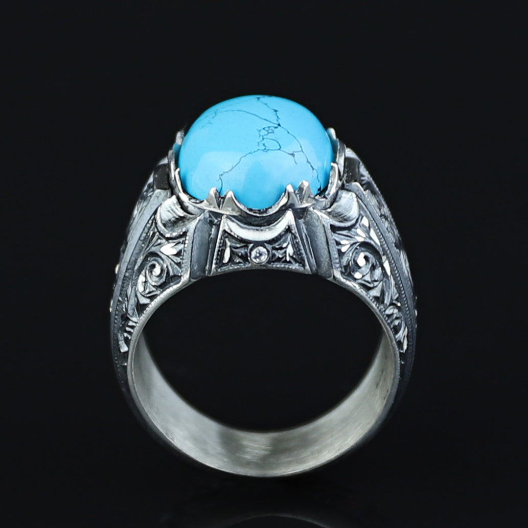 925 Men Handmade Natural Blue Turquoise Gemstone Engraved Ring
