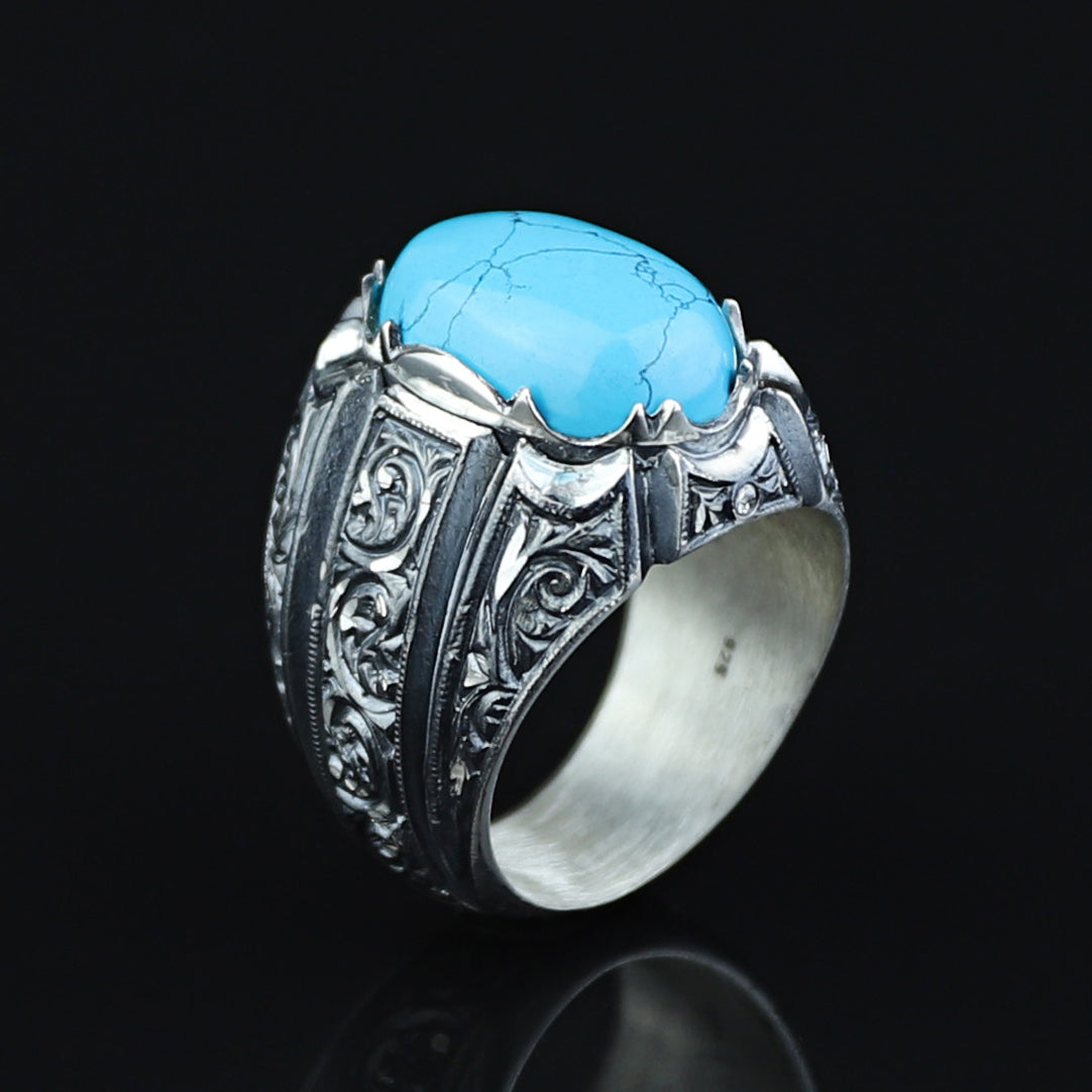 925 Men Handmade Natural Blue Turquoise Gemstone Engraved Ring