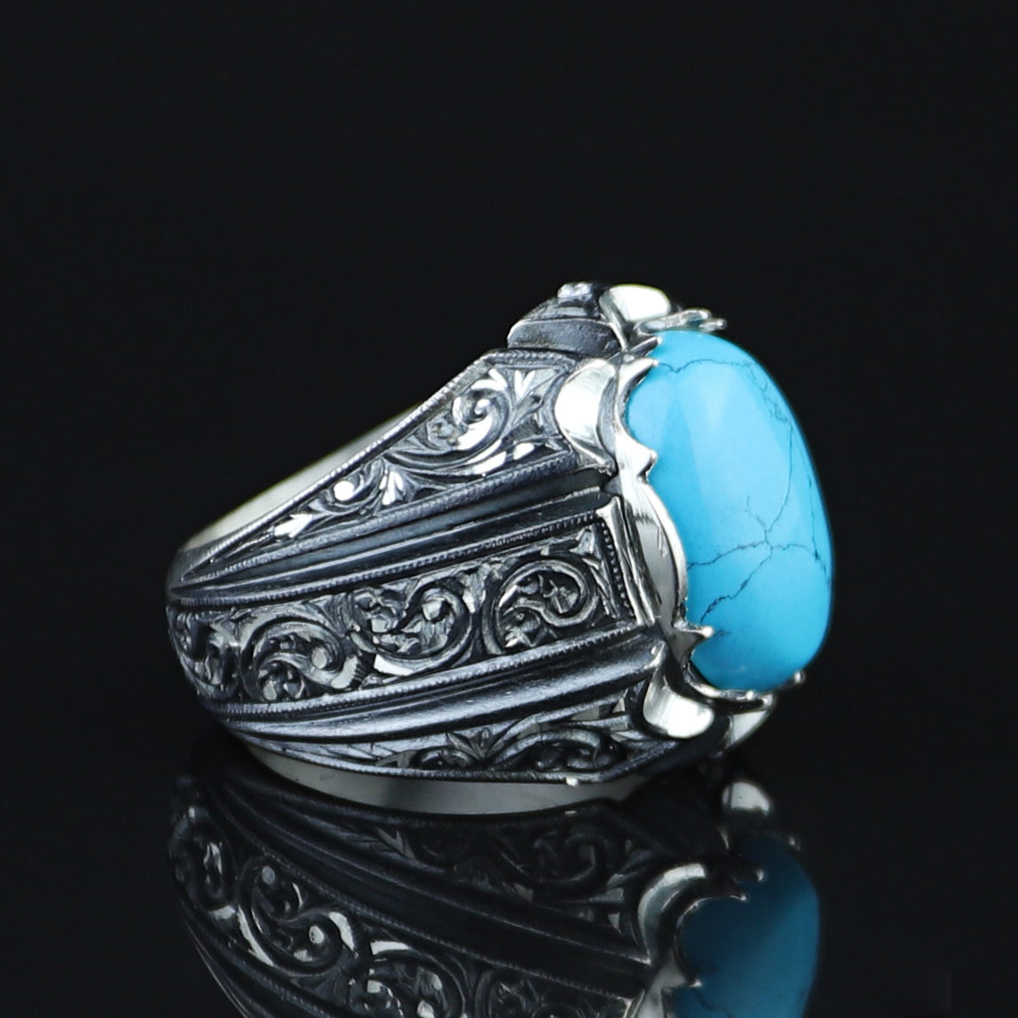 925 Men Handmade Natural Blue Turquoise Gemstone Engraved Ring