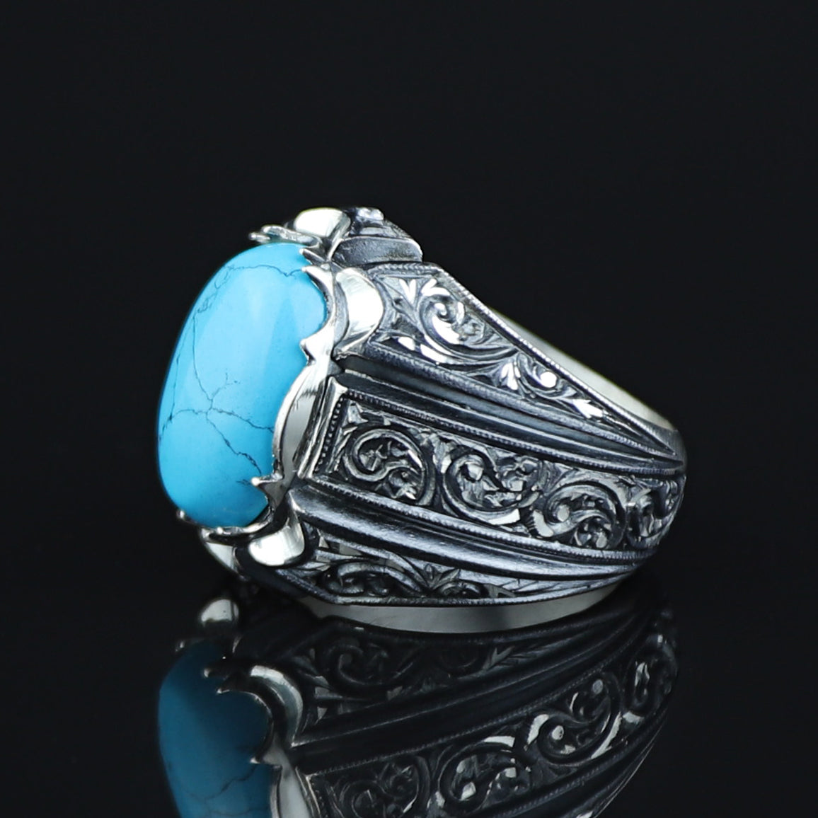 925 Men Handmade Natural Blue Turquoise Gemstone Engraved Ring
