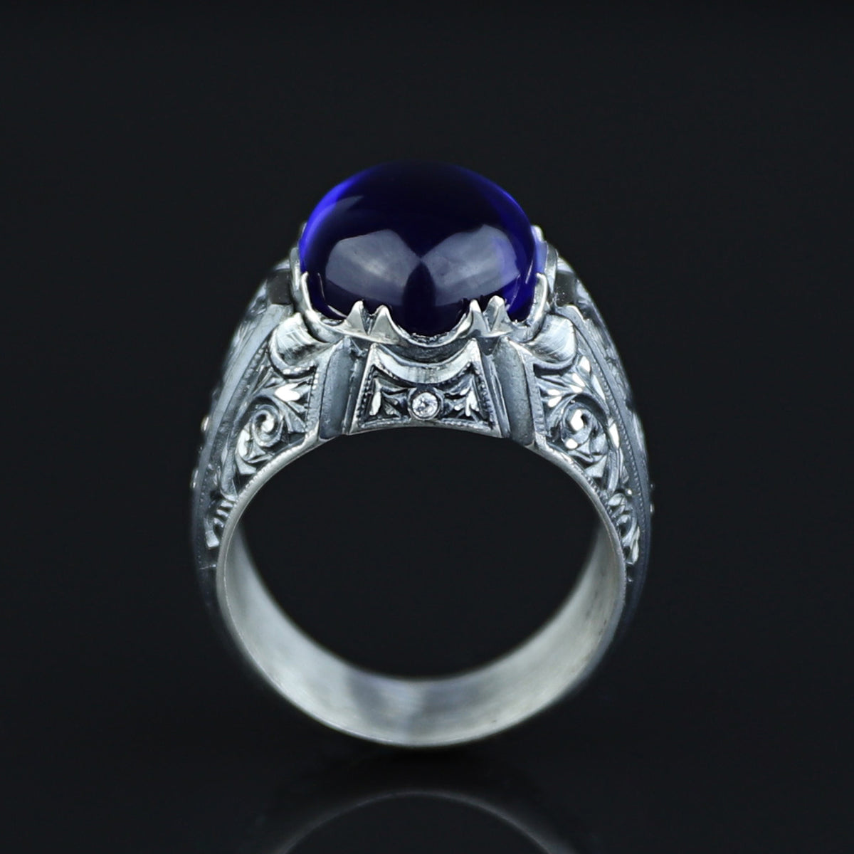 Men Handmade Engraved Blue Sapphire Gemstone Signet Ring