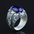 Men Handmade Engraved Blue Sapphire Gemstone Signet Ring
