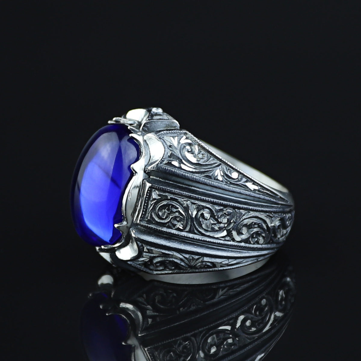 Men Handmade Engraved Blue Sapphire Gemstone Signet Ring
