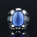 Men Handmade Engraved Blue Sapphire Gemstone Signet Ring