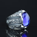 Men Handmade Engraved Blue Sapphire Gemstone Signet Ring