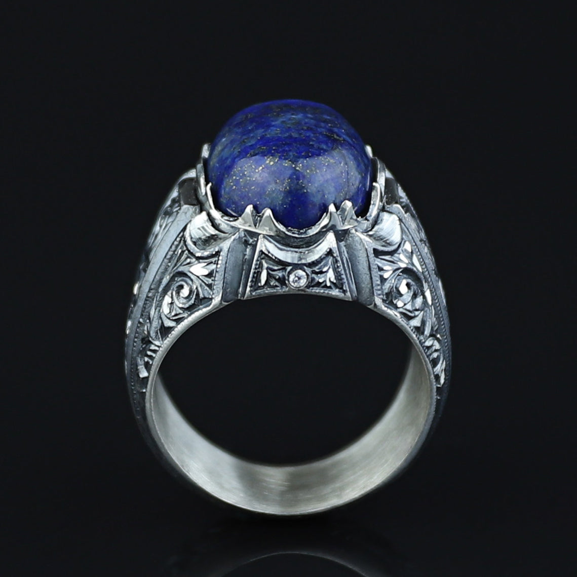 Men Handmade Natural Lapis Lazuli Gemstone Ottoman Style Engraved Ring